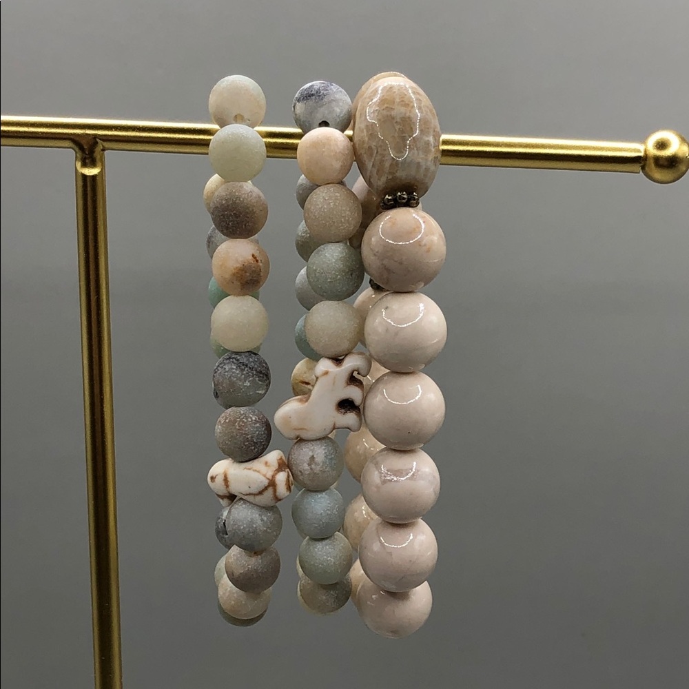 Bundle 3 beaded stone gemstone roll on bracelets boho animal charms stack layer.